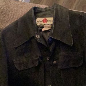 Great Things Suede, dark blue, Canadian made jacket, snap front closure